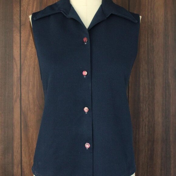 Vintage 1970s Shirt, Dagger Collar Navy Blue Button Down Poly Blouse, Sleeveless - Picture 2 of 10